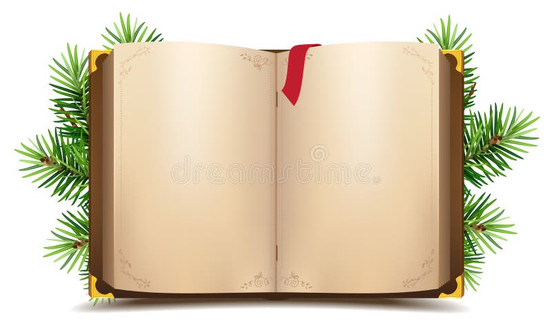 Open book with blank pages and red bookmark. Green Christmas pine branch