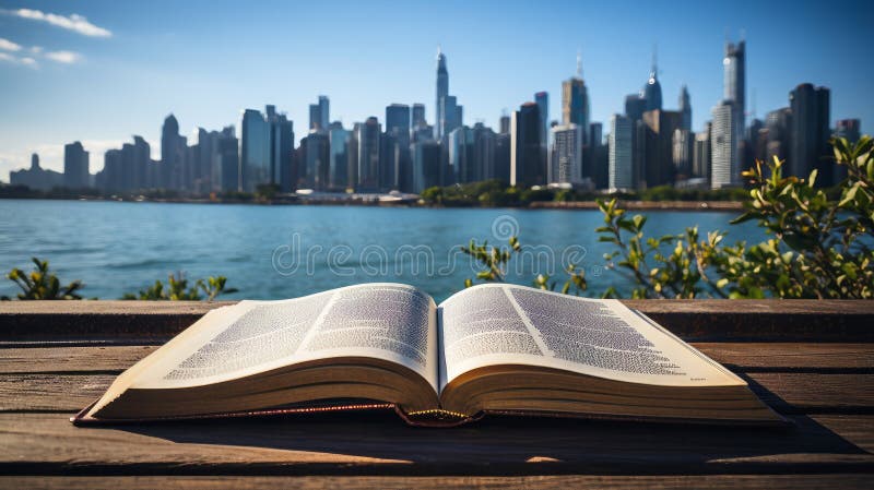 An open book with a city in the background. Generative AI. royalty free illustration