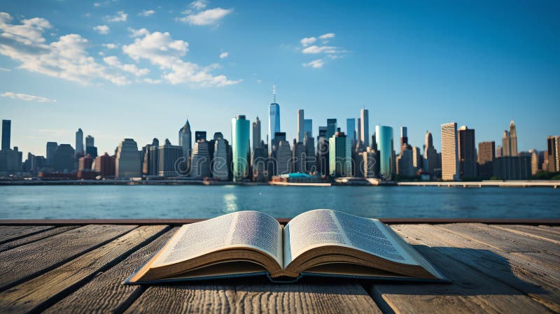 An open book with a city in the background. Generative AI. royalty free illustration
