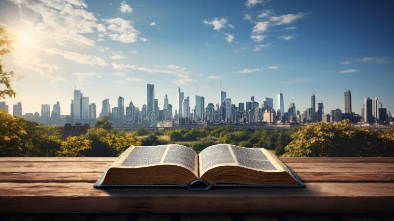 An open book with a city in the background. Generative AI. royalty free illustration