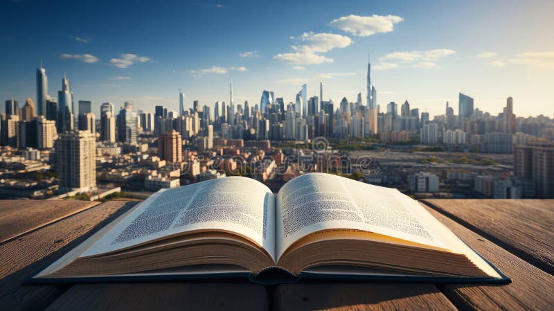 An open book with a city in the background. Generative AI. royalty free illustration