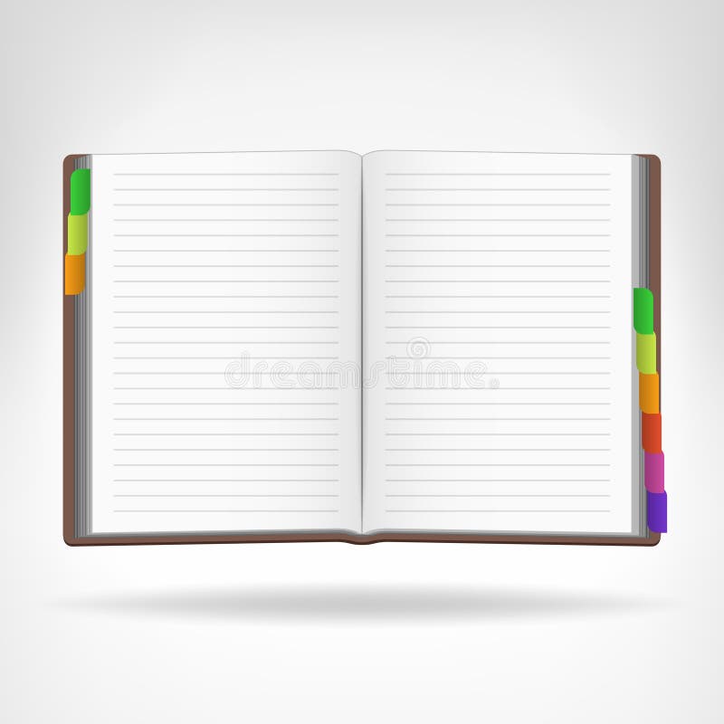 Open book with colorful bookmarks aside isolated