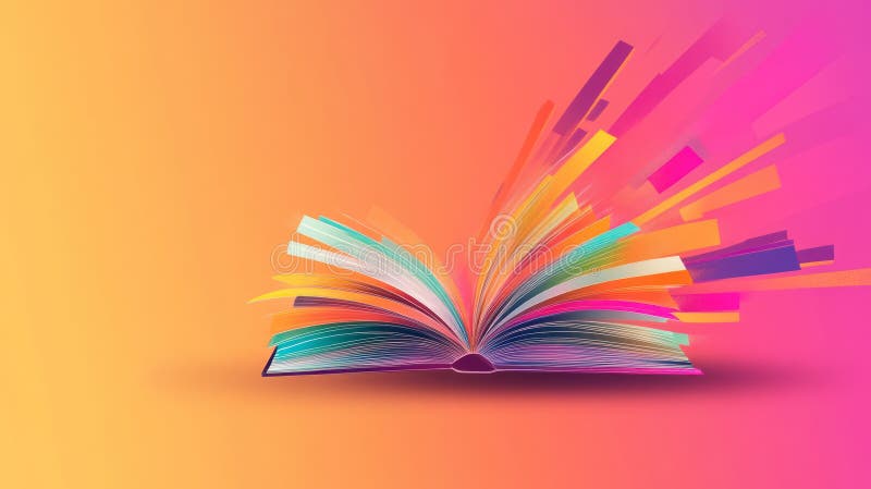 Open book with colorful pages exploding into vibrant streaks on a gradient background, created with artificial intelligence