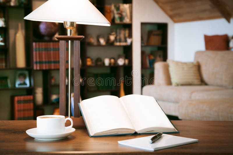 Open Book, Mobile Phone and Cup with Coffee Over Wooden Table, Retro ...