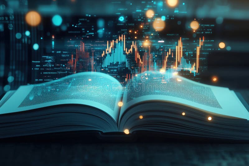 Open book with digital data visualization, glowing graphs, and abstract elements royalty free stock images