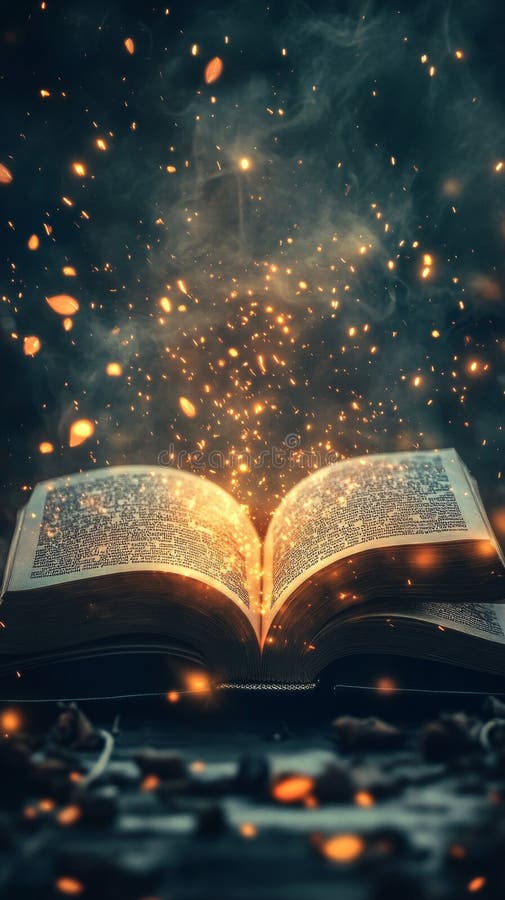 Open book emitting light and embers in dark setting stock photos