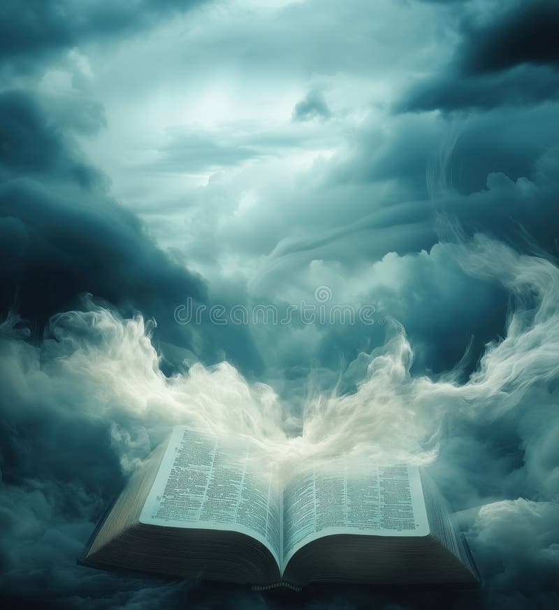 Open book floating in ethereal clouds, emanating mystical light and fog, symbolizing knowledge and imagination, copy stock photography