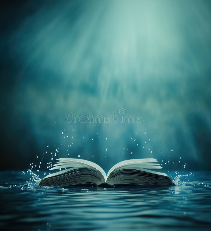 Open book floating on water with ethereal light and splashes, symbolizing knowledge and imagination, copy space for text stock photos