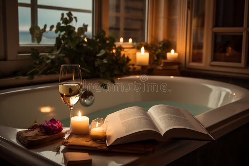 An Open Book and a Glass of Wine Sit in a Bathtub Stock Illustration