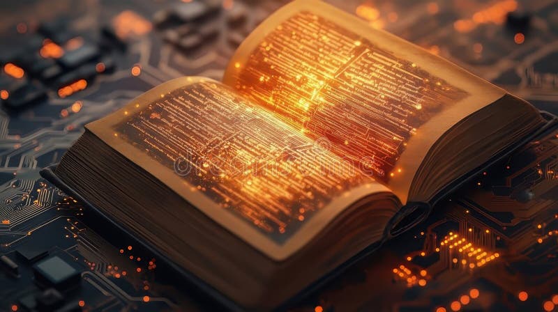 Open book with glowing futuristic text on circuit board background stock image