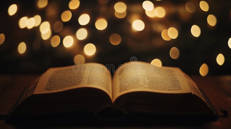 Open book illuminated by warm bokeh lights stock image