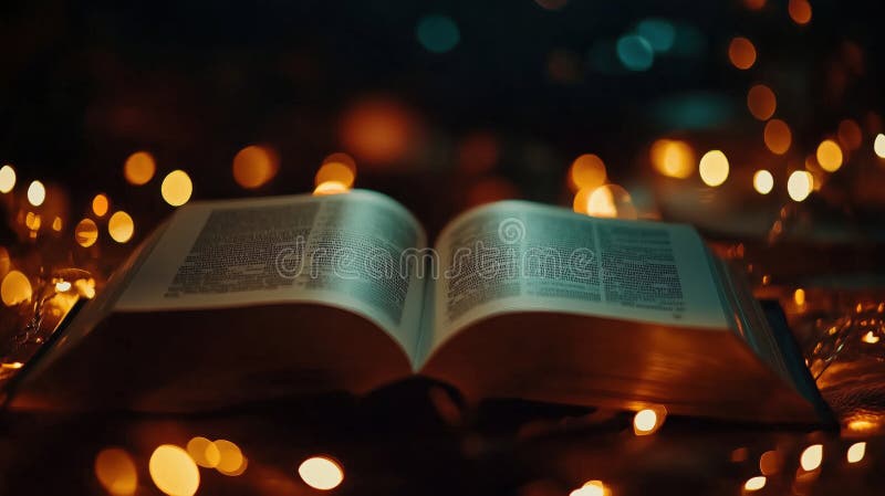 Open book illuminated by warm bokeh lights royalty free stock photography