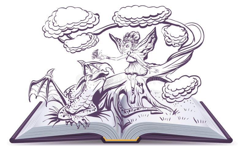 Open book with an illustration Fantasy. Elf Woman and Dragon royalty free illustration