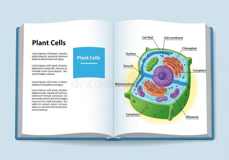 Open book illustration featuring a labeled diagram of a plant cell on the right page. Key components stock illustration