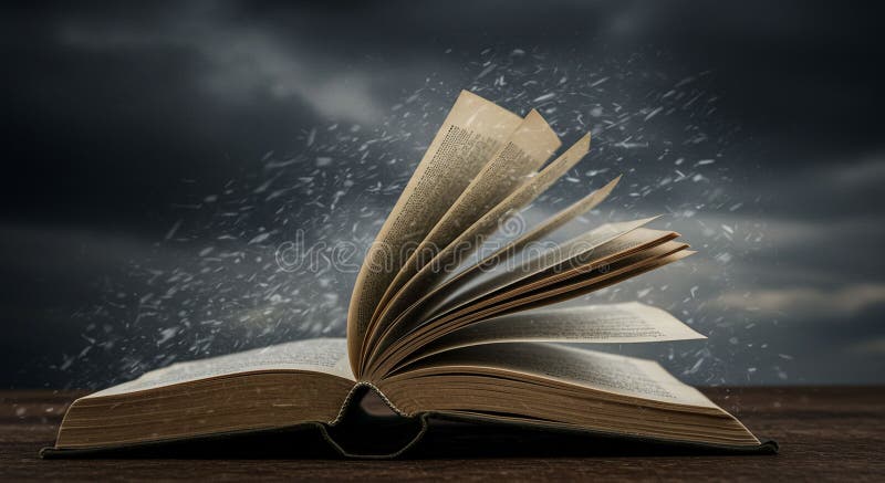 An open book, with its pages dramatically flipping as if caught in a breeze, rests on a vector illustration