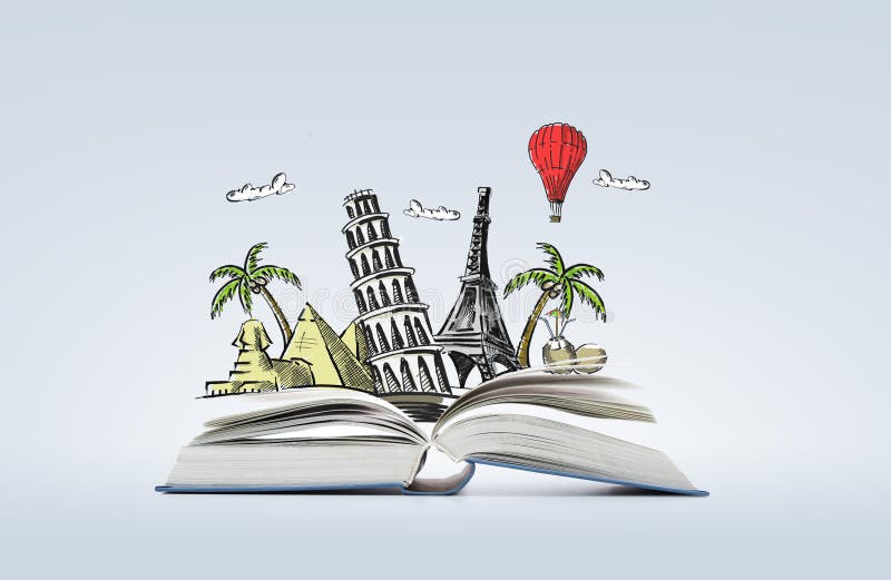 Open Book with Landmarks Drawing Stock Illustration - Illustration of ...