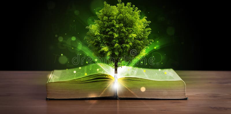 Open book with magical green tree and rays of light