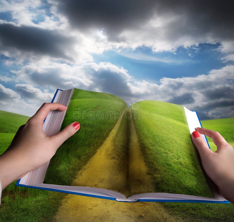 Open book and meadow landscape