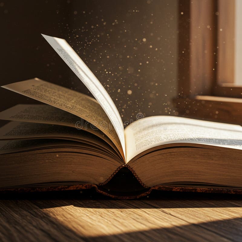 Open Book with Pages Turning and Dust Motes in Sunlit Window royalty free illustration