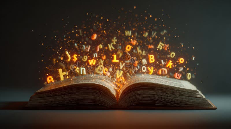 Open Book Releases Light and Floating Letters, Showcasing the Magic of Learning and Imagination stock images