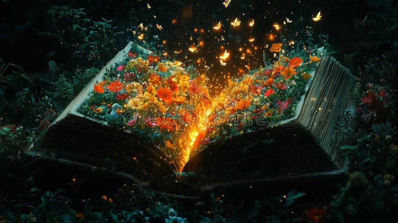 Open book reveals magical garden alive vibrant flowers and sparkling streams. Tiny fairies soar upwards amidst warm stock images