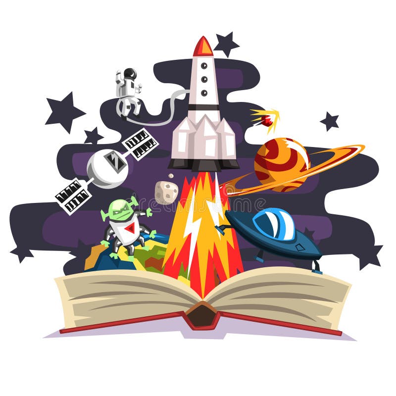 Open book with rocket, astronaut, planets, stars, UFO space ship and alien inside, imagination concept vector illustration