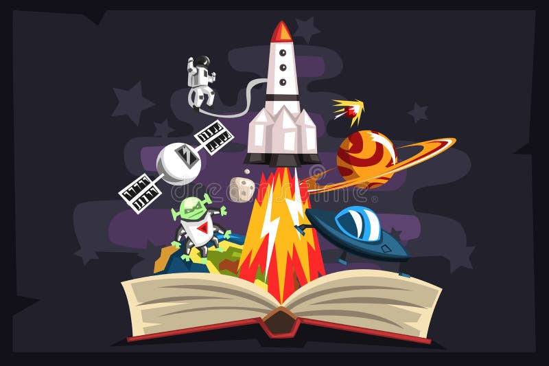 Open book with rocket, astronaut, planets, stars, UFO space ship and alien inside, imagination concept vector illustration