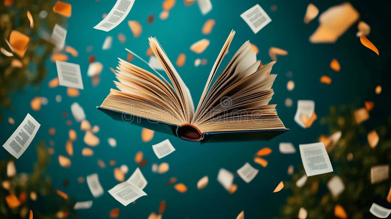 An Open Book with Soaring Pages Creating Wonder, Magic, and Intellectual Adventures Unleashed stock illustration