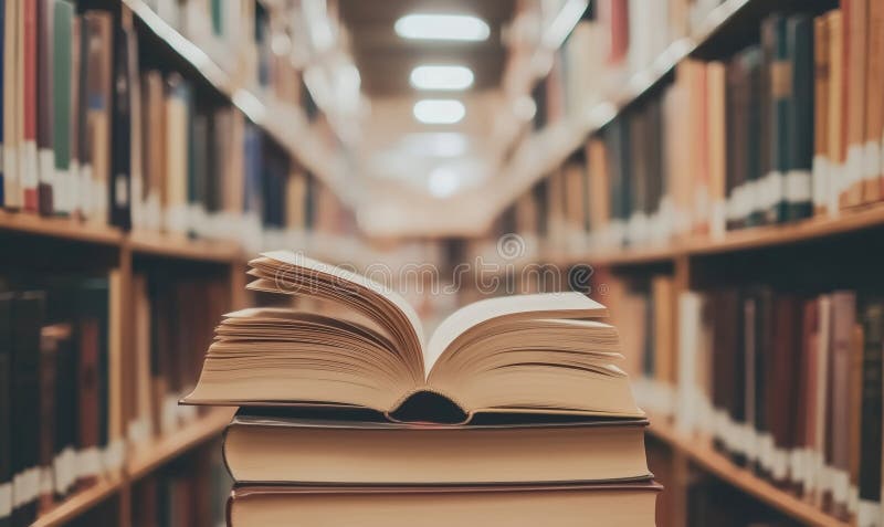 Open book on stack, library background, shelves filled with books, warm lighting, inviting atmosphere royalty free stock photography