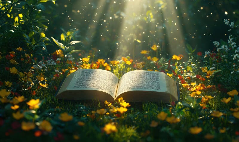 Open book surrounded by vibrant flowers and soft sunlight in a magical garden setting stock photos