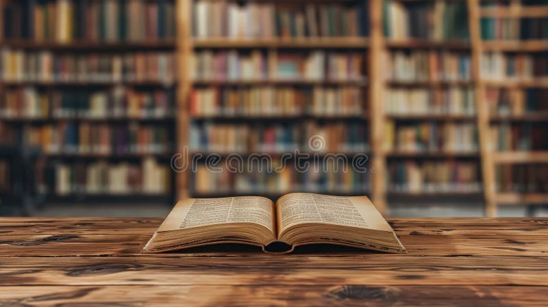 An open book on a table with a library background stock photography