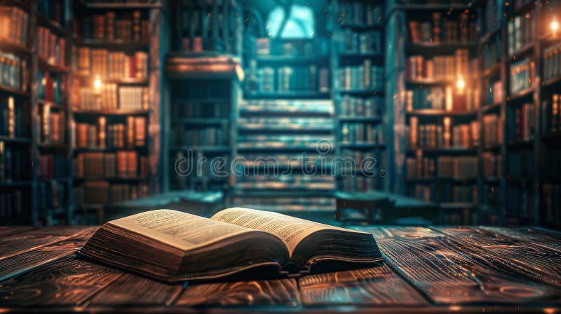 An open book on a table with a library background stock images