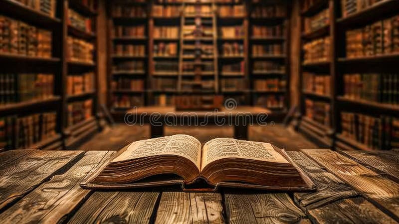 An open book on a table with a library background stock image