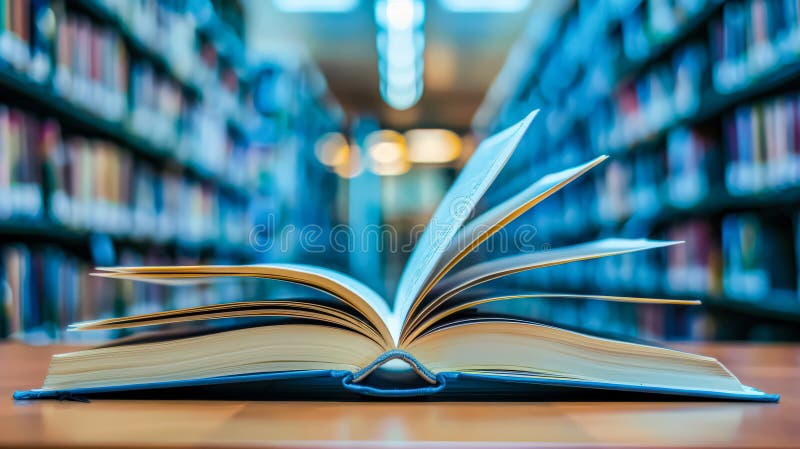 An open book on a table with a library background royalty free stock photos