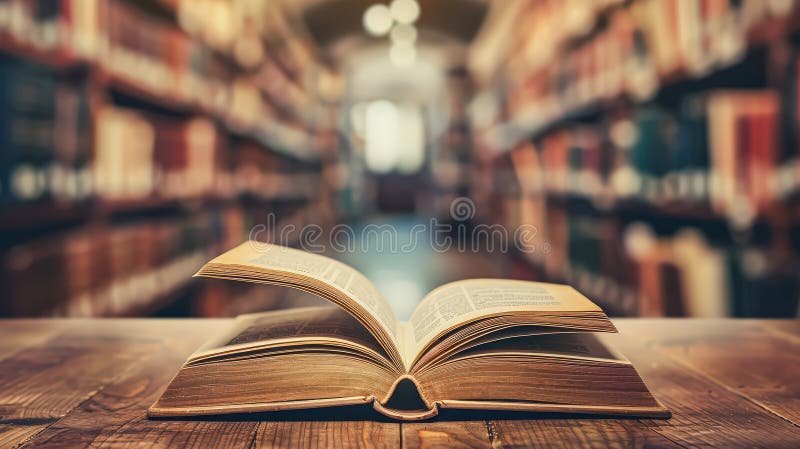 An open book on a table with a library background royalty free stock images