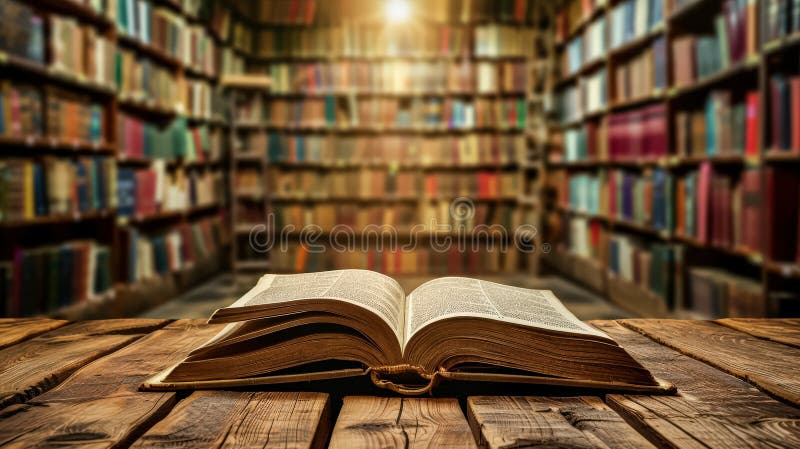 An open book on a table with a library background stock photo