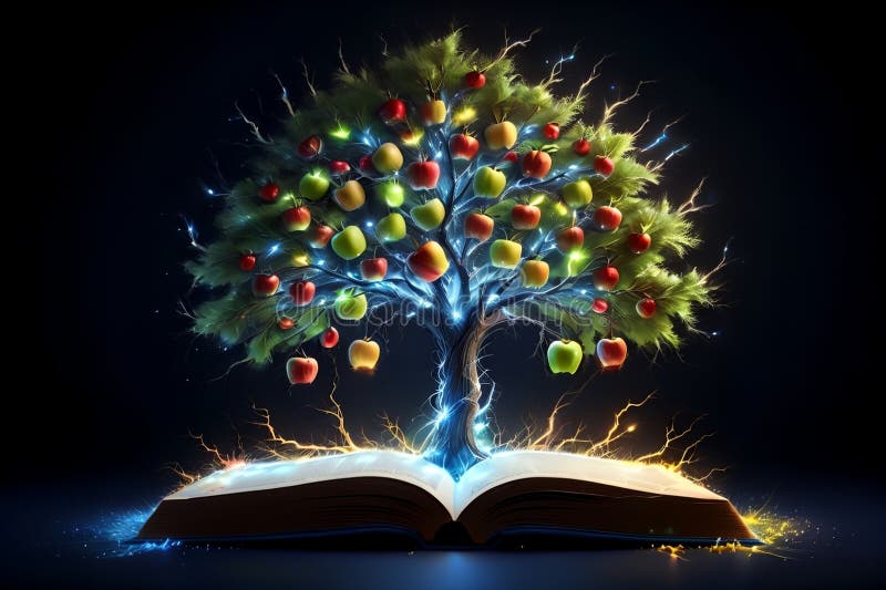 Open book and tree of knowledge, abstract background stock photo