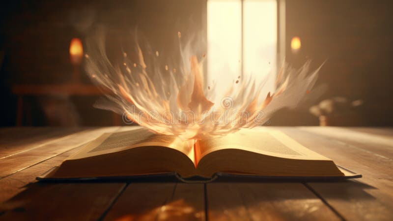 Open book on wooden table with rays of light coming. Generative AI royalty free illustration