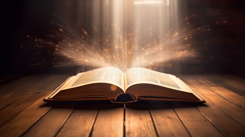 Open book on wooden table with rays of light coming. Generative AI royalty free illustration