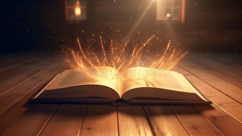 Open book on wooden table with rays of light coming. Generative AI royalty free illustration