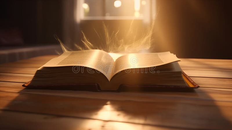 Open book on wooden table with rays of light coming. Generative AI stock illustration