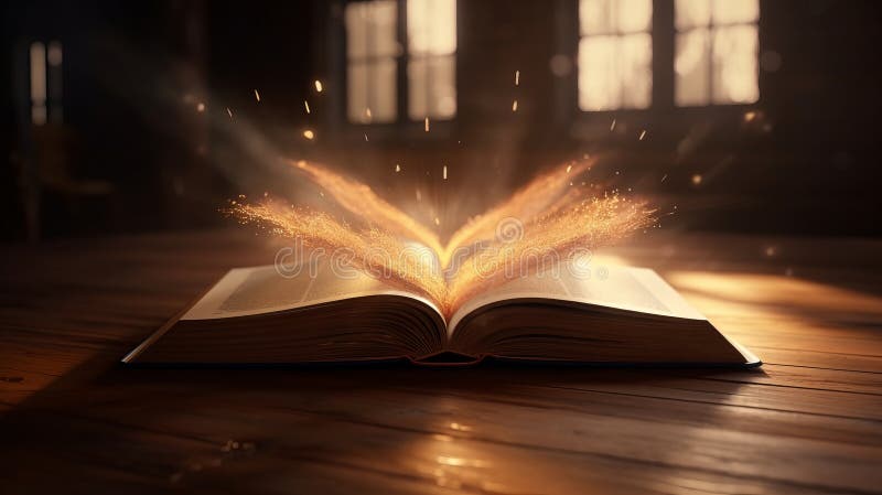 Open book on wooden table with rays of light coming. Generative AI vector illustration