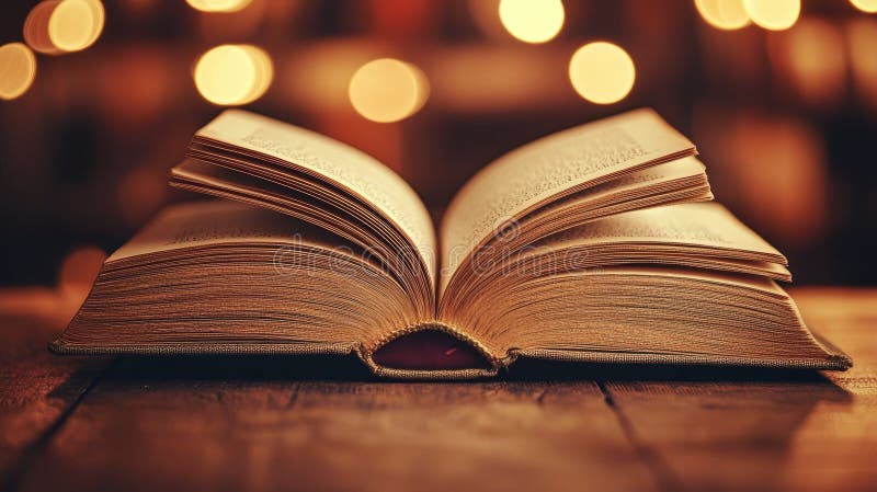 Open Book on Wooden Table Warm Lighting, Bokeh Background, Cozy Reading, Book Composition, Vintage Book, Book Photography, Reading , This photo was created using generative AI. Lighting bokeh illustrations