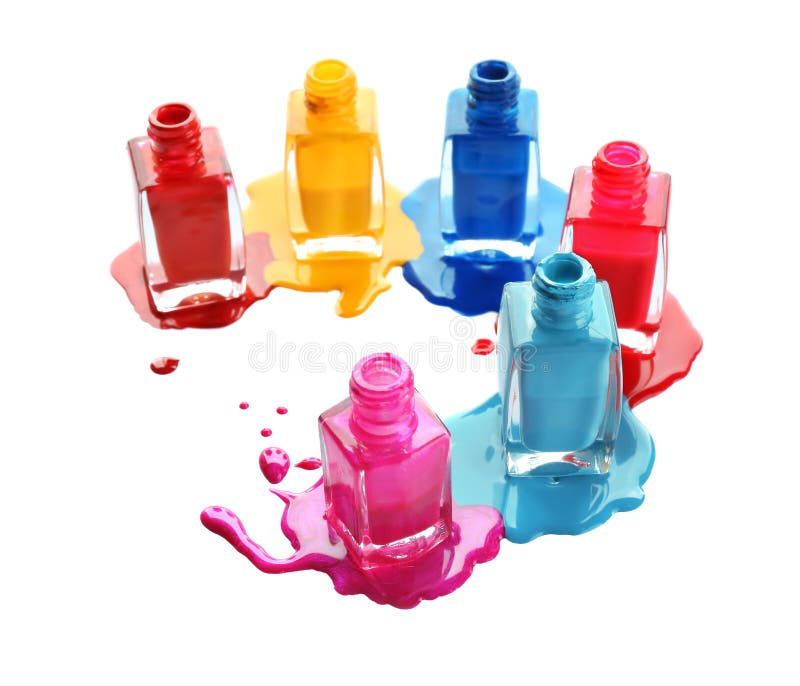 5 Open Bottles of Nail Polish Blue, Red, Dark Red, Green, Yellow