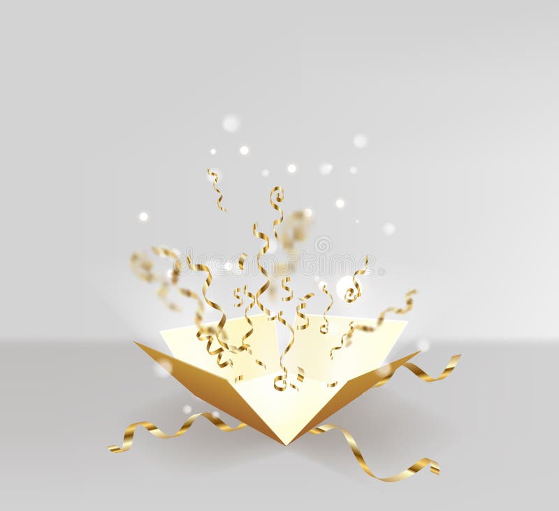 Open Box with Gold Confetti Explosion Stock Illustration Illustration of light, isolated