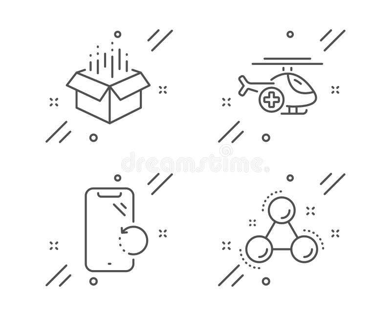 Open box, Medical helicopter and Smartphone recovery icons set. Chemistry molecule sign. Vector stock illustration Open box, Medical helicopter and Smartphone recovery icons set. Chemistry molecule sign. Vector stock illustration