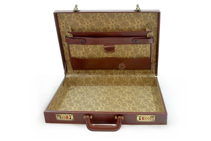 Open brown suitcase isolated