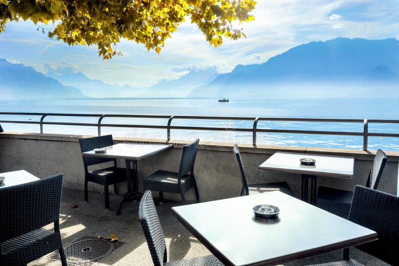 Open cafe on Geneva Lake in Vevey. Vaud canton, Switzerland