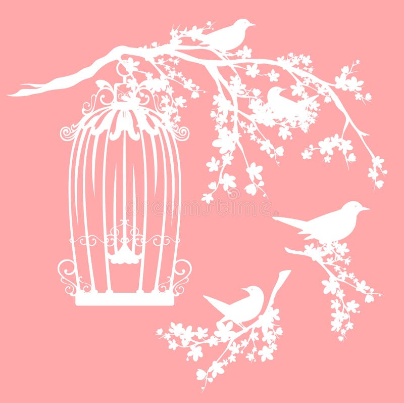 Birds, cage and sakura branch vector silhouette set
