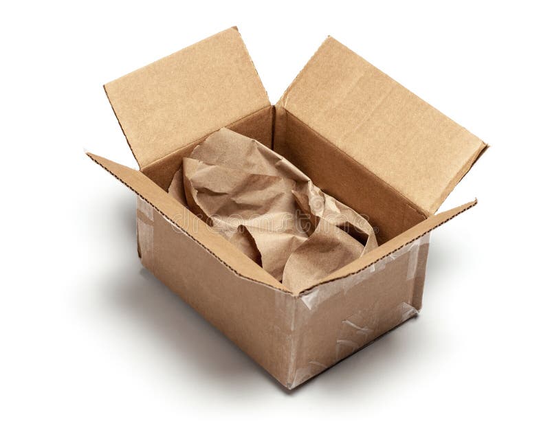 Download Open Cardboard Box With Wrapping Paper Inside. Isolated On A White Background. Mock-up. Stock ...